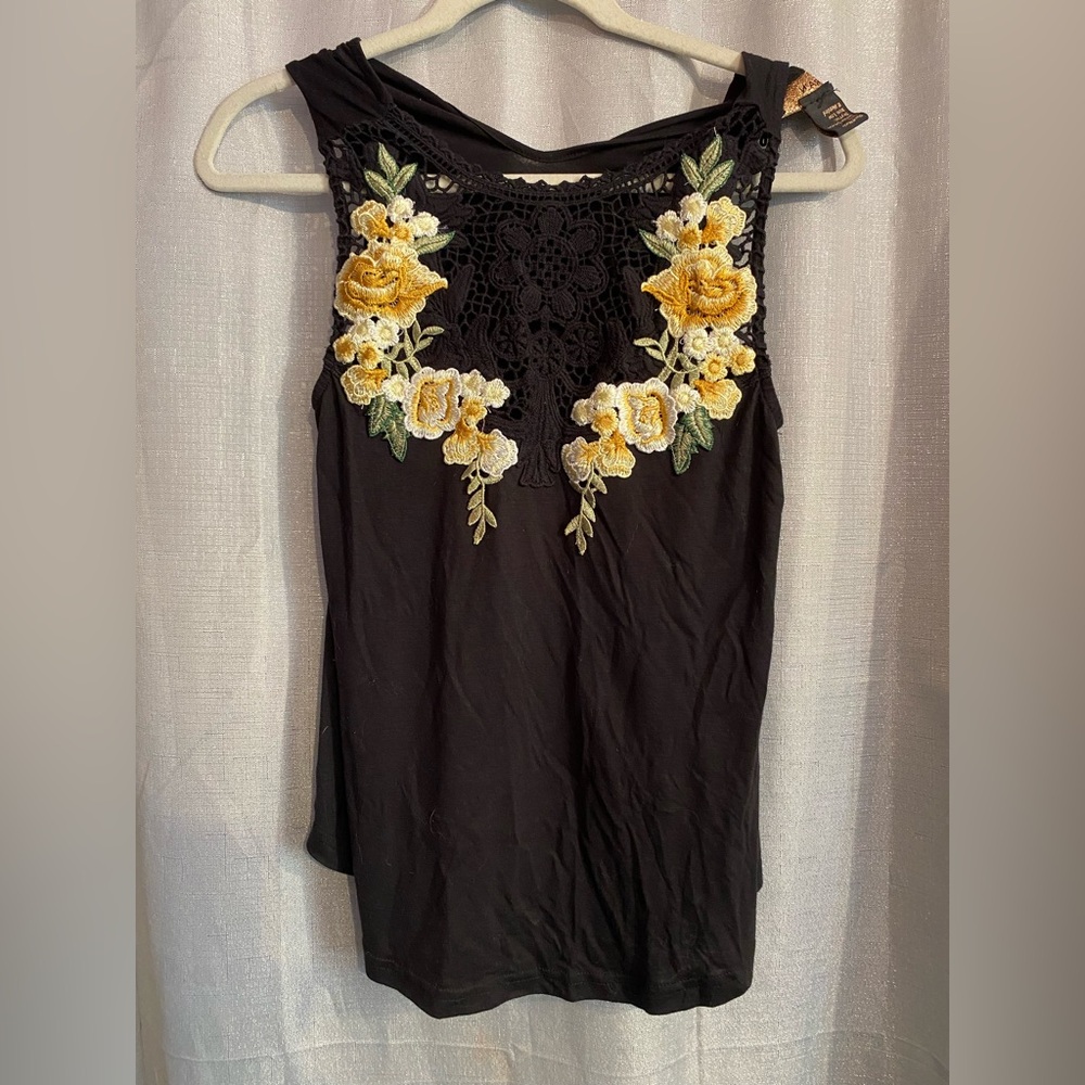 Rain Chic Black Tank Top with Yellow Floral Embroidery size small